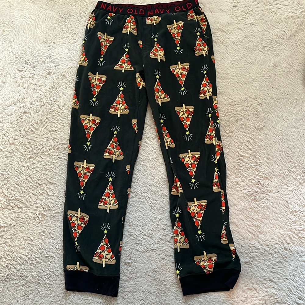 dark green christmas tree pizza Fleece pj pants from old navy size kids xl
